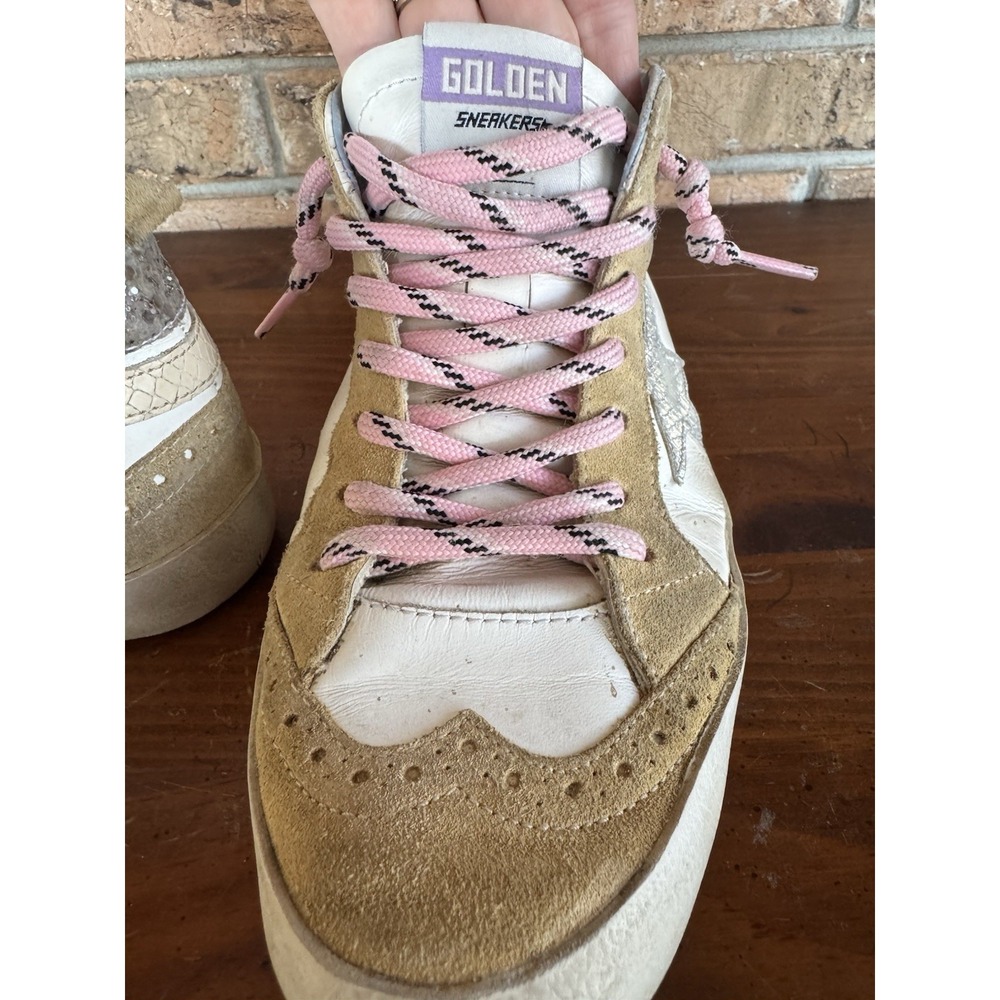 Golden Goose Mid Star High Top Sneakers Gold Glitter Pink Laces Suede Star 38 - Picture 8 of 11
